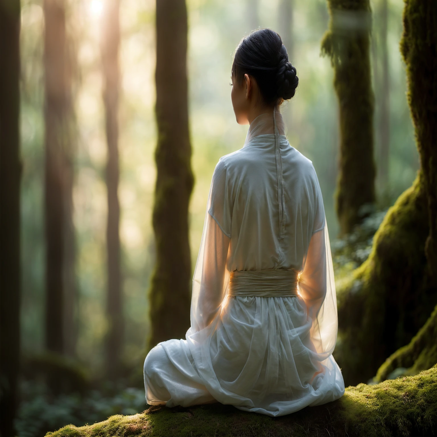 View from behind, A young female monk (Transparent silhouette:1.3), Meditation on a mossy tree in the forest, White soft flowing dress, Create a fantastic atmosphere, A wonderful interweaving of light and shadow, With a tranquil forest as the background, Bokeh, Shallow background