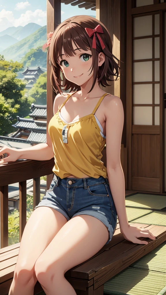 CG, Unity, 8K, wallpaper, Highest quality, masterpiece, Amami Haruka, (smile: 1.2), Sit on the veranda, Yellow Camisole BREAK Denim Shorts, barefoot, Thighs, Best lighting, Complex pupil, Complex weaving, Detailed Background, Japanese countryside scenery, 