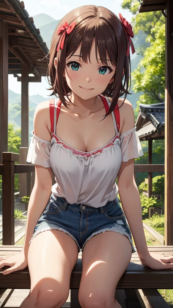 CG, Unity, 8K, wallpaper, Highest quality, masterpiece, Amami Haruka, (smile: 1.2), Sit on the veranda, Yellow Camisole BREAK Denim Shorts, barefoot, Thighs, Best lighting, Complex pupil, Complex weaving, Detailed Background, Japanese countryside scenery, 