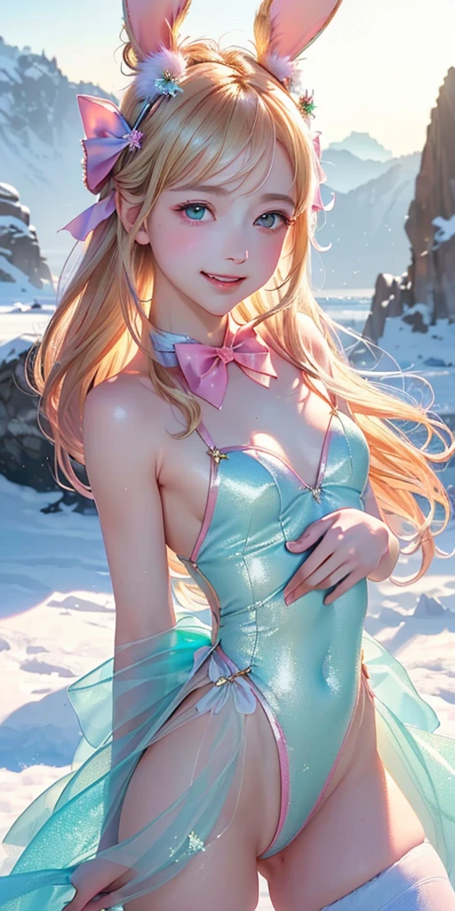 masterpiece, best quality, extremely detailed CG unity 8k wallpaper,((Upper Body)) ,((Upper Body head close-up shot of a beautiful )), , Elegant Long straight blonde hair, (Mckenna Grace), ((flat chest,thighs,Autoluminescence skin)), (pink-green) golden (Glittering tutu,long Bunny Ear Headgear, , Bow-tie, No panties, gevisible),d legs)),(), (Blush),ve smile), (A world of ice and snow), pretty face, key art, award winning, intricate detail realism hdr, by (ruan jia and artgerm and range murata), Photorealism, Hyperrealism, ultra realistic, dramatic light, intense shadows, gorgeous view, depth of field