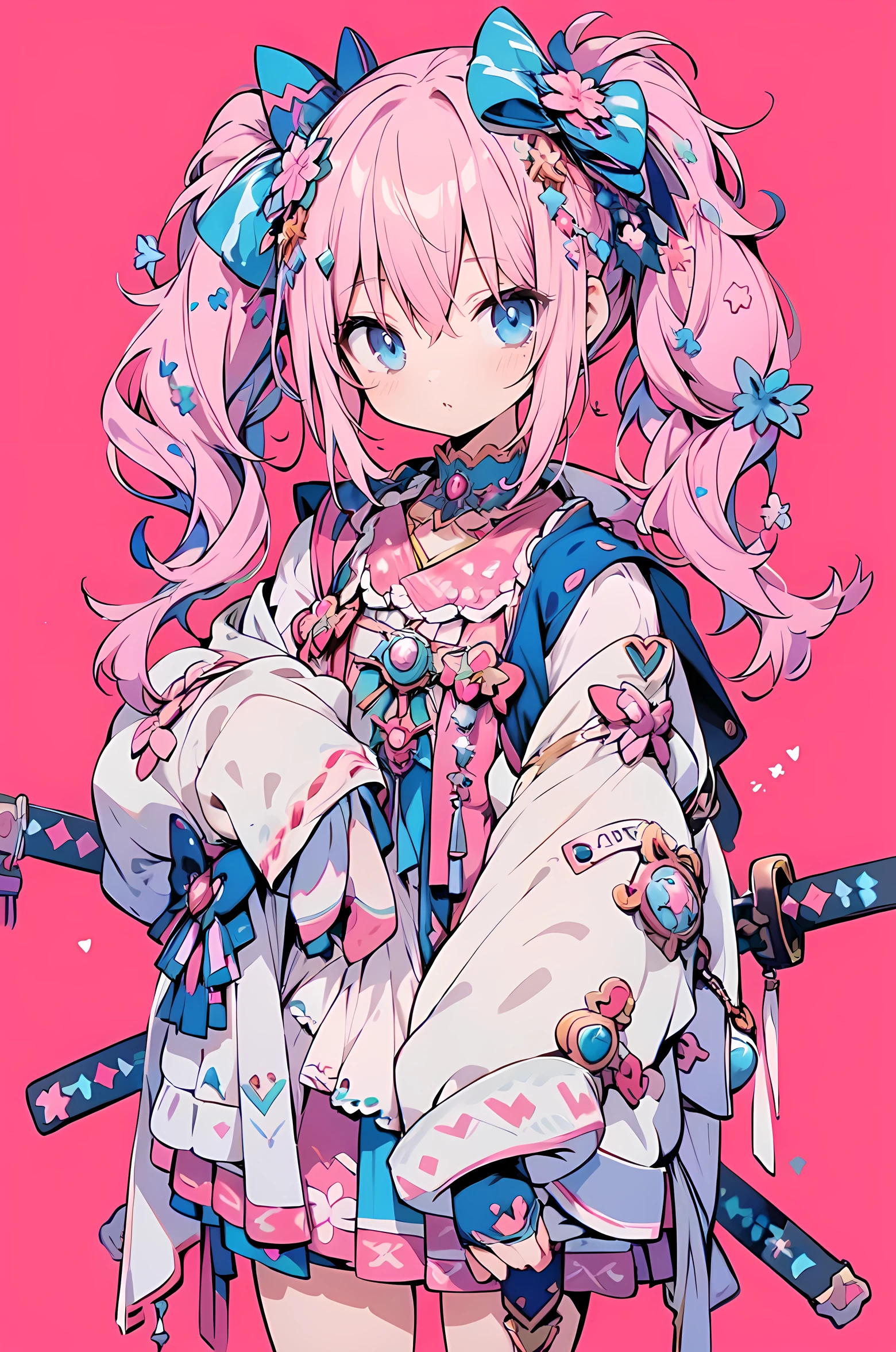 Anime girl with pink hair and blue eyes holding two swords, Decora style illustrations, Anime illustration, Anime Graphic Illustration, soft Anime illustration, Anime-style illustrations, digital Anime illustration, Anime fantasy illustration, Dreamy psychedelic anime, Beautiful and detailed anime art, Cute and detailed digital art, Digital art on pixiv, Cute and detailed artwork, Anime Style 4k, Anime-style artwork