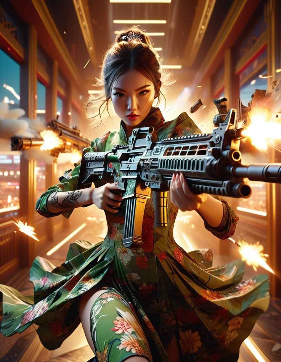 Cyborg woman in (camouflage Chinese dress:1.4), (right arm transforms into a machine gun and fires at high speed: 1.7), (Motion Blur Effect: 1.5), Casino interior is in chaos, frenzy and destruction, (Highest Quality, 4k, 8k, High Resolution, Masterpiece: 1.2), Ultra-detailed, (Realistic, Photorealistic, Photorealistic: 1.37), Detailed facial features, Intricate dress pattern, Impressive pose, Dramatic lighting, Cinematic composition, Vibrant colors, Dystopian atmosphere