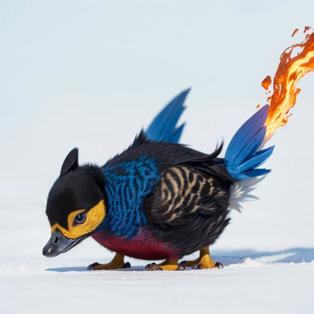 Small Animaly, generate duck mixed with lava, has blue stripes on his skin, white eyes, Grassroots, no background