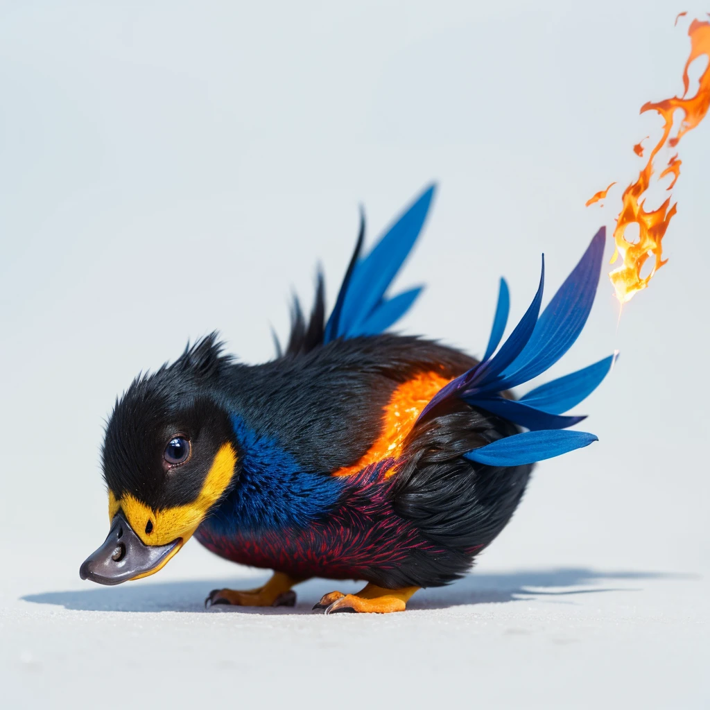 Small Animaly, generate duck mixed with lava, has blue stripes on his skin, white eyes, Grassroots, no background