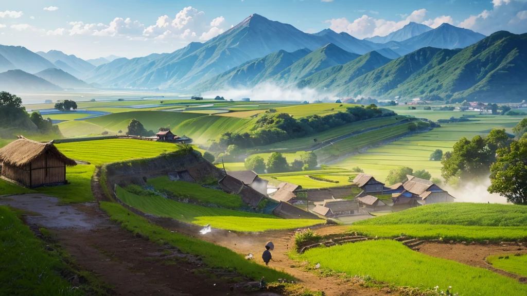 A peaceful countryside scene with terraced fields. There are several people working in the fields, Some people grow rice and others lead water buffalo. A traditional thatched-roof hut can be seen on the left, raised on piles. Rear, There are verdant mountains partially shrouded in mist. Above the scene, A flock of birds is flying far into the horizon. The lighting suggests it could be early morning or late afternoon, creating a warm aura over the scene. This photo is interesting because it captures traditional farming methods in a peaceful and beautiful setting.