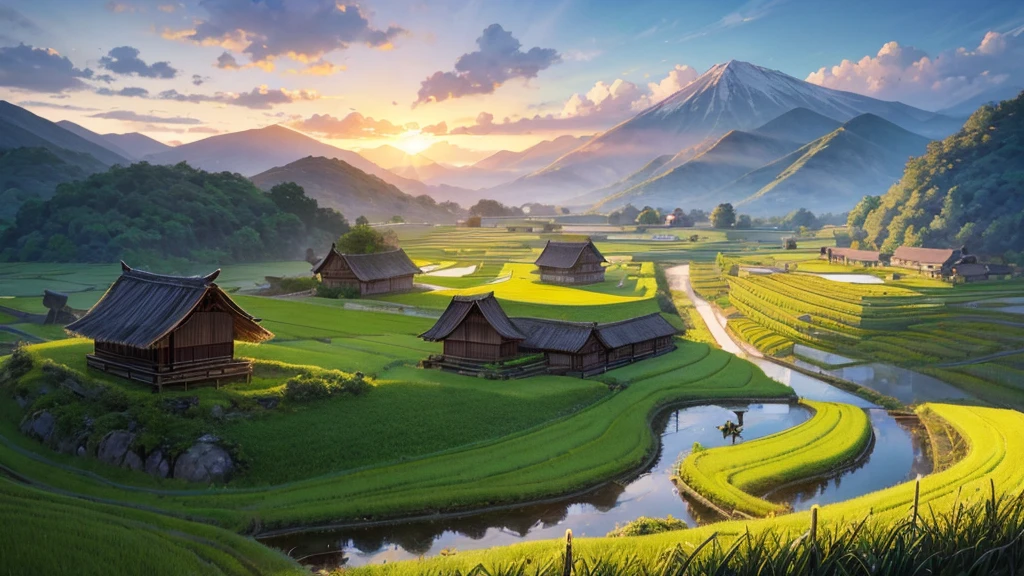 A peaceful countryside scene with terraced fields. There are several people working in the fields, Some people grow rice and others lead water buffalo. A traditional thatched-roof hut can be seen on the left, raised on piles. Rear, There are verdant mountains partially shrouded in mist. Above the scene, A flock of birds is flying far into the horizon. The lighting suggests it could be early morning or late afternoon, creating a warm aura over the scene. This photo is interesting because it captures traditional farming methods in a peaceful and beautiful setting.