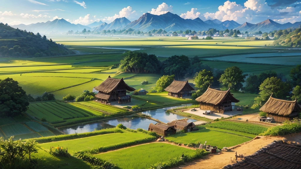 A peaceful countryside scene with terraced fields. There are several people working in the fields, Some people grow rice and others lead water buffalo. A traditional thatched-roof hut can be seen on the left, raised on piles. Rear, There are verdant mountains partially shrouded in mist. Above the scene, A flock of birds is flying far into the horizon. The lighting suggests it could be early morning or late afternoon, creating a warm aura over the scene. This photo is interesting because it captures traditional farming methods in a peaceful and beautiful setting.