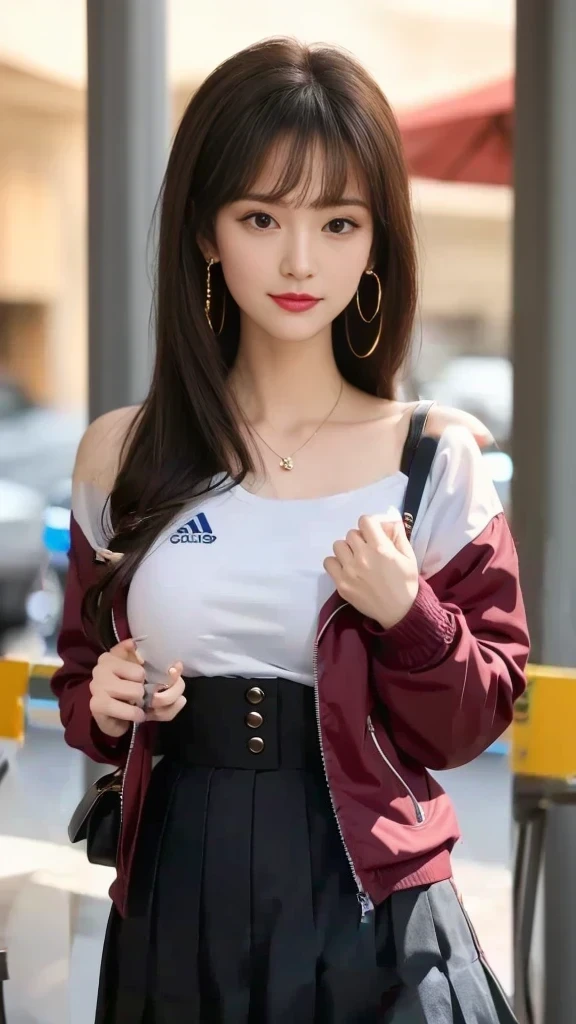 White Sweatshirt Clothes、Black Skirt、Button-colored jacket、skin、腕は開けたButton-colored jacket、White innerwear