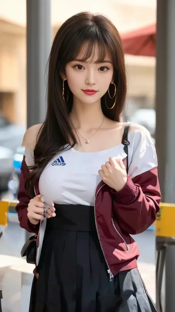 White Sweatshirt Clothes、Black Skirt、Button-colored jacket、skin、腕は開けたButton-colored jacket、White innerwear