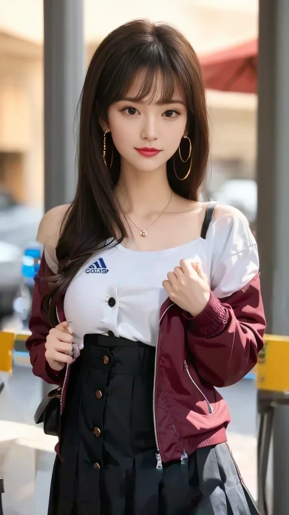 White Sweatshirt Clothes、Black Skirt、Button-colored jacket、skin、腕は開けたButton-colored jacket、White innerwear