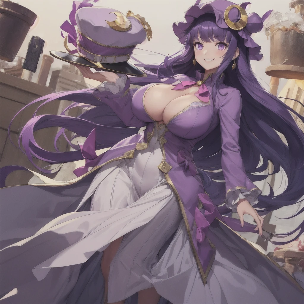 1girl, dress, (purple hair, purple eyes:1), long hair, mob cap, crescent hat ornament, ribbon, dress, smile, massive breasts, chubby, Bwide hips