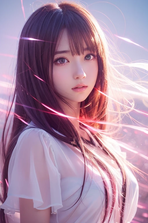 (anime),(cute)(masterpiece), (Highest quality),One girl,Upper Body,(Double exposure:1.2),(Simple Background:1),Bold、clear、PINK、 (Movie angle),(Dynamic Angle),Disheveled long hair,(Low contrast),(Flat Color:0.7)