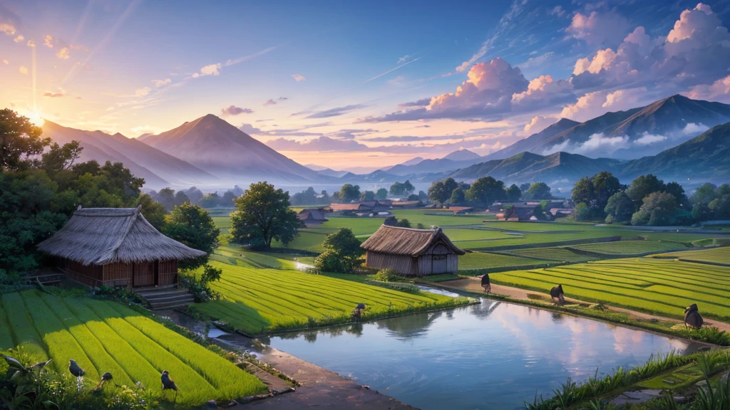 A peaceful countryside scene with terraced fields. There are several people working in the fields, Some people grow rice and others lead water buffalo. A traditional thatched-roof hut can be seen on the left, raised on piles. Rear, There are verdant mountains partially shrouded in mist. Above the scene, A flock of birds is flying far into the horizon. The lighting suggests it could be early morning or late afternoon, creating a warm aura over the scene. This photo is interesting because it captures traditional farming methods in a peaceful and beautiful setting.