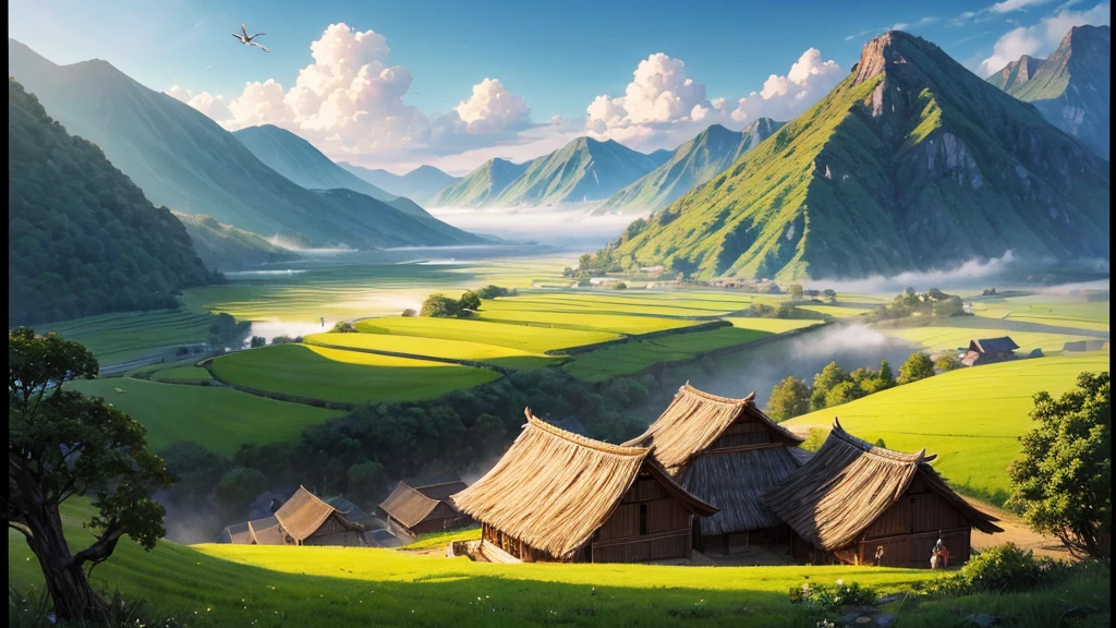 A peaceful countryside scene with terraced fields. There are several people working in the fields, Some people grow rice and others lead water buffalo. A traditional thatched-roof hut can be seen on the left, raised on piles. Rear, There are verdant mountains partially shrouded in mist. Above the scene, A flock of birds is flying far into the horizon. The lighting suggests it could be early morning or late afternoon, creating a warm aura over the scene. This photo is interesting because it captures traditional farming methods in a peaceful and beautiful setting.