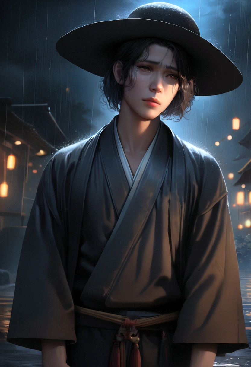 (highres, realistic, 4k, ultra-detailed, masterpiece:1.2),cowboy shot (no hat:1.5), 1 boy, glowing green eyes, black hair, ((bob hair)), KImono, Japanese clothes, fox mask, ((in the night)), rainy sky, dramatic lighting, silent lonliness, vivid colors, enchanting beauty, sad, depressed