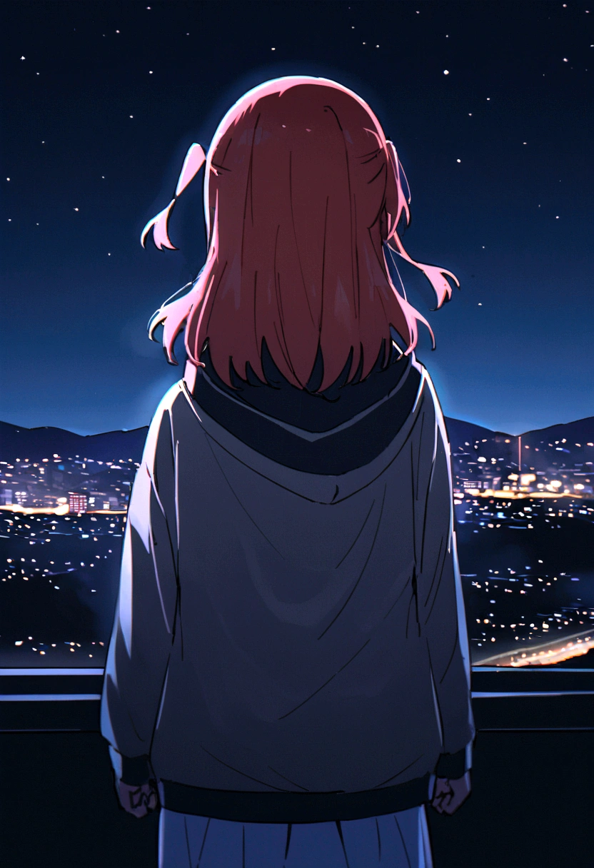 Kita Ikuyo, POV back view, standing, Hoodie, at the mountain with city night background 