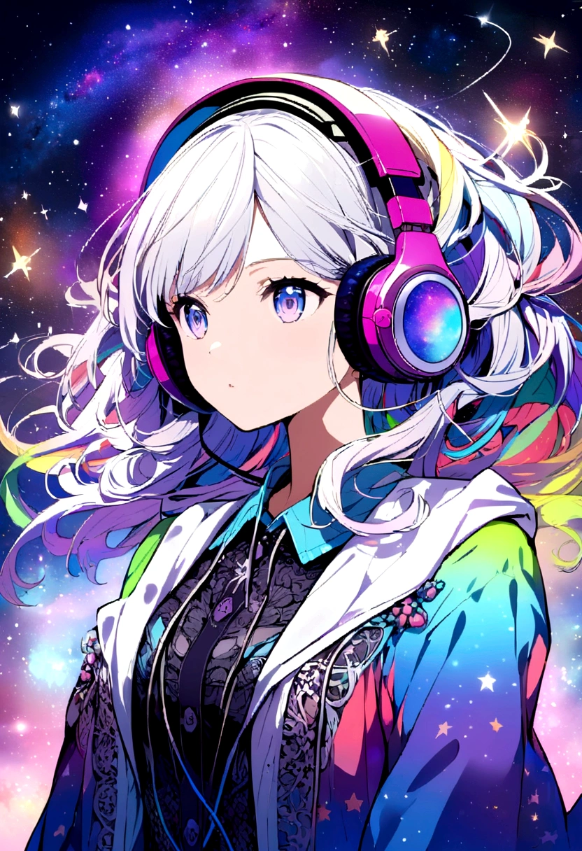 anime girl floating around a colorful galaxy listening to music with headphones