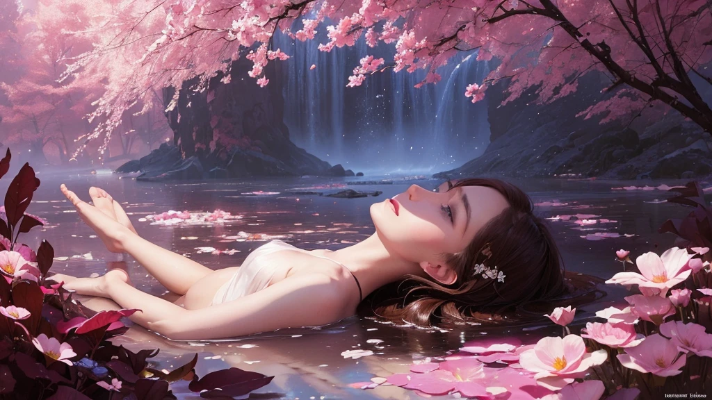 32k, Masterpiece, Highest quality, One girl, Detailed eyes, flower,Sandersonia, Pink and brown style,A dreamy, romantic piece,Pale pink, Mysterious Leaves,A playful arrangement,Fantasy,High Contrast,Ink strokes,explosion,Exposure, Impression of pink and brown tones,Abstract,((Watercolours by John Berkey and Jeremy Mann )) Brush strokes,Negative Space, Tyndall effect,