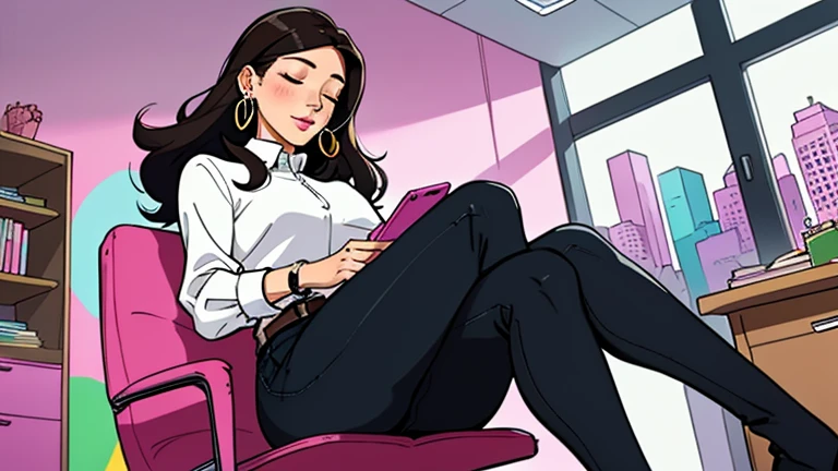 Beautiful dark-haired woman in her 30s sitting pink chair in an spacious and colorful office. looking down and closing her eyes, relaxed atmosphere, cozy, LOFI girl, alone in the room, white blouse, desk, documents, laptop, pen, watch, smartphone, stationery, wide glass window, only five fingers, New York, colorful, well-proportioned face, I can see skyscrapers outside the window, Colorful wall, pierced earrings, She is fashionable, ring, cabinet, In the background there are many desks and people