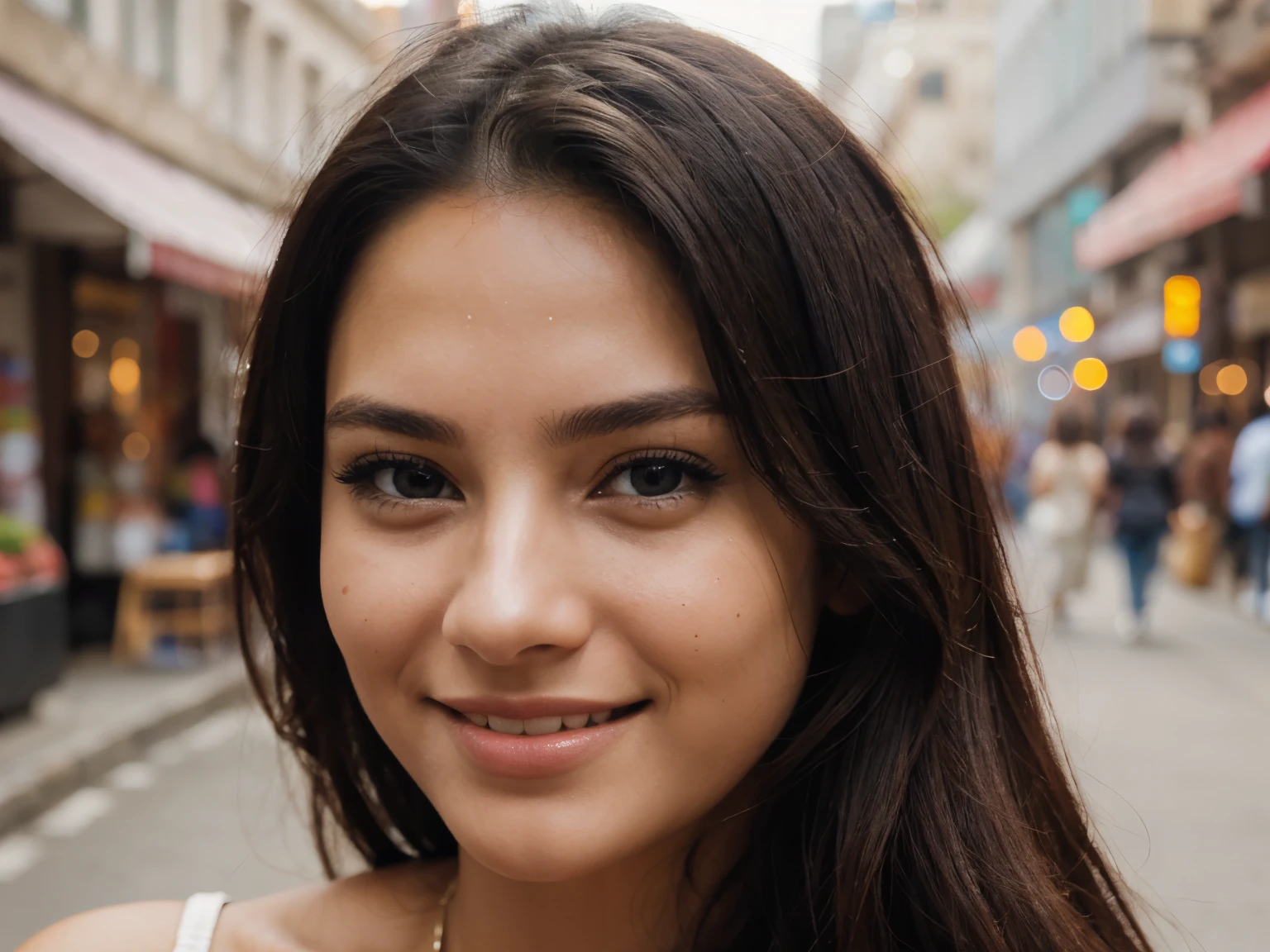 Picture, best quality, a woman in the city , photo of beautiful AHAcasual, smiling, looking at viewer, perfect face, perfect eyes, sharp focus, Intricate, High Detail, dramatic, photorealistic,