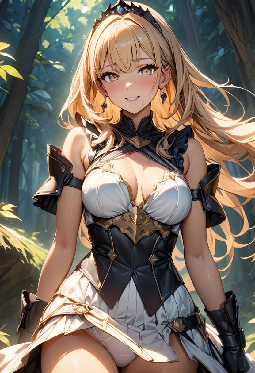 (Perfect Anatomy)、Mastepiece、Ultra High Quality、 8K、masterpiece、Highest quality、Ultra-high resolution、Maximum resolution、Very detailed、Professional Lighting、anime、Adult female、thin、so beautiful、Highly detailed eye、Highly detailed face、Armored Dress, Red and black armor, , Black decorated gorgeous tiara,Red earrings,Frilly Armor,Golden Hair, Golden Eyes,White underwear、forest, Equipped with a bow and arrow, female archer, Archer, Defeat the enemy on the battlefield, happy, 独奏 / 1girl、Speedy movement、Overall view