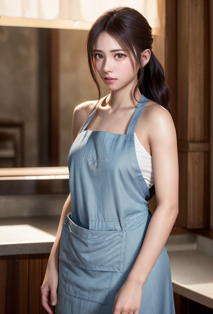 8K, of the highest quality, masutepiece:1.2), (Realistic, Photorealsitic:1.37), of the highest quality, masutepiece, Beautiful young woman, Pensive expression, Gentle eyes, Apron naked、full of shyness、Hair tied back, Messy mood, Cinematic background, Light skin tone