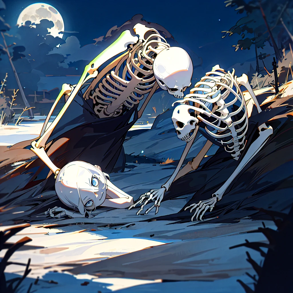 Make two skeletons , one standing in front of the other who is lying down , the environment is night and the moon in the background.