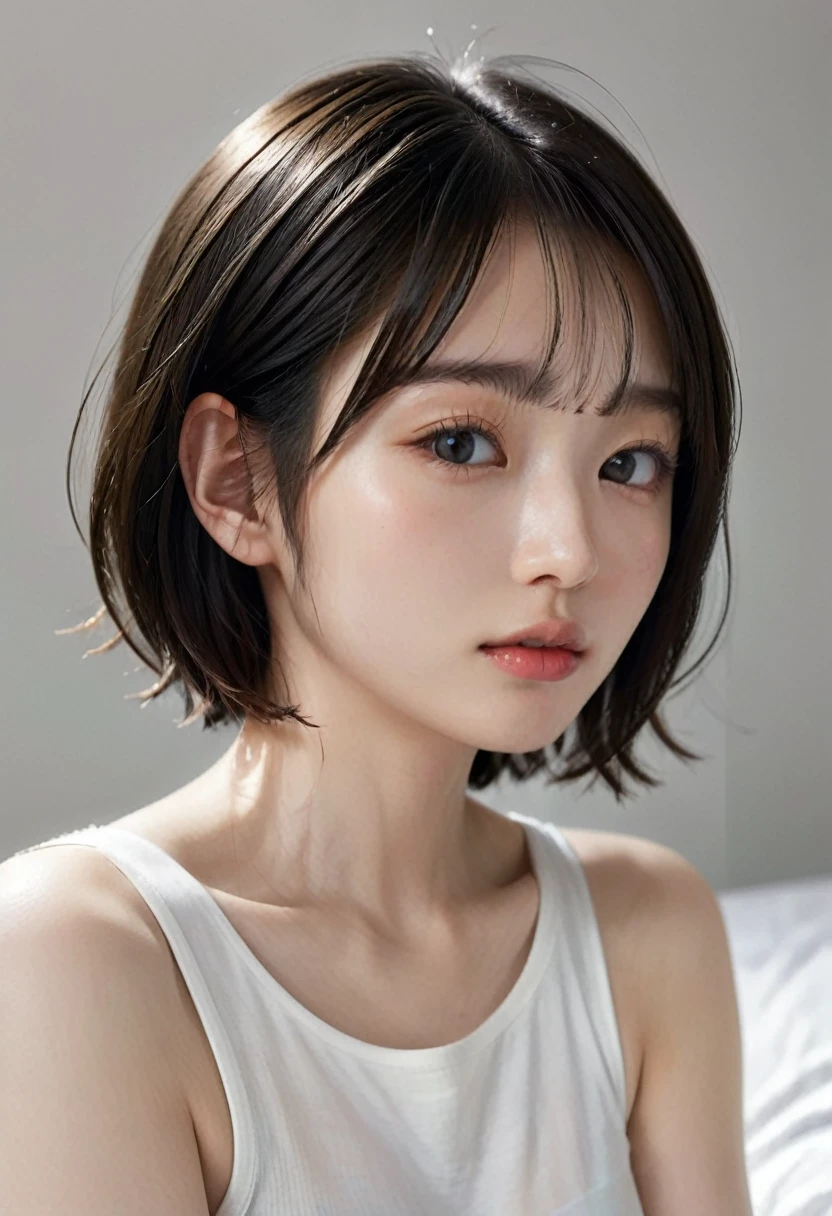 photorealistic, Photography ,BREAK, short hair woman, sitting on the bed , taking a (selfie:1.5), (black T-shirts), in bedroom , white background, (short hair), BREAK, 8k , LAW , best-quality, masterpiece, hyper realistic detail shiny skin , natural shading , realistic shadow, BREAK (hyper realistic detail shiny skin, detailed skin, detailed hair, ultra sharpness, intricate details), perfect anatomy