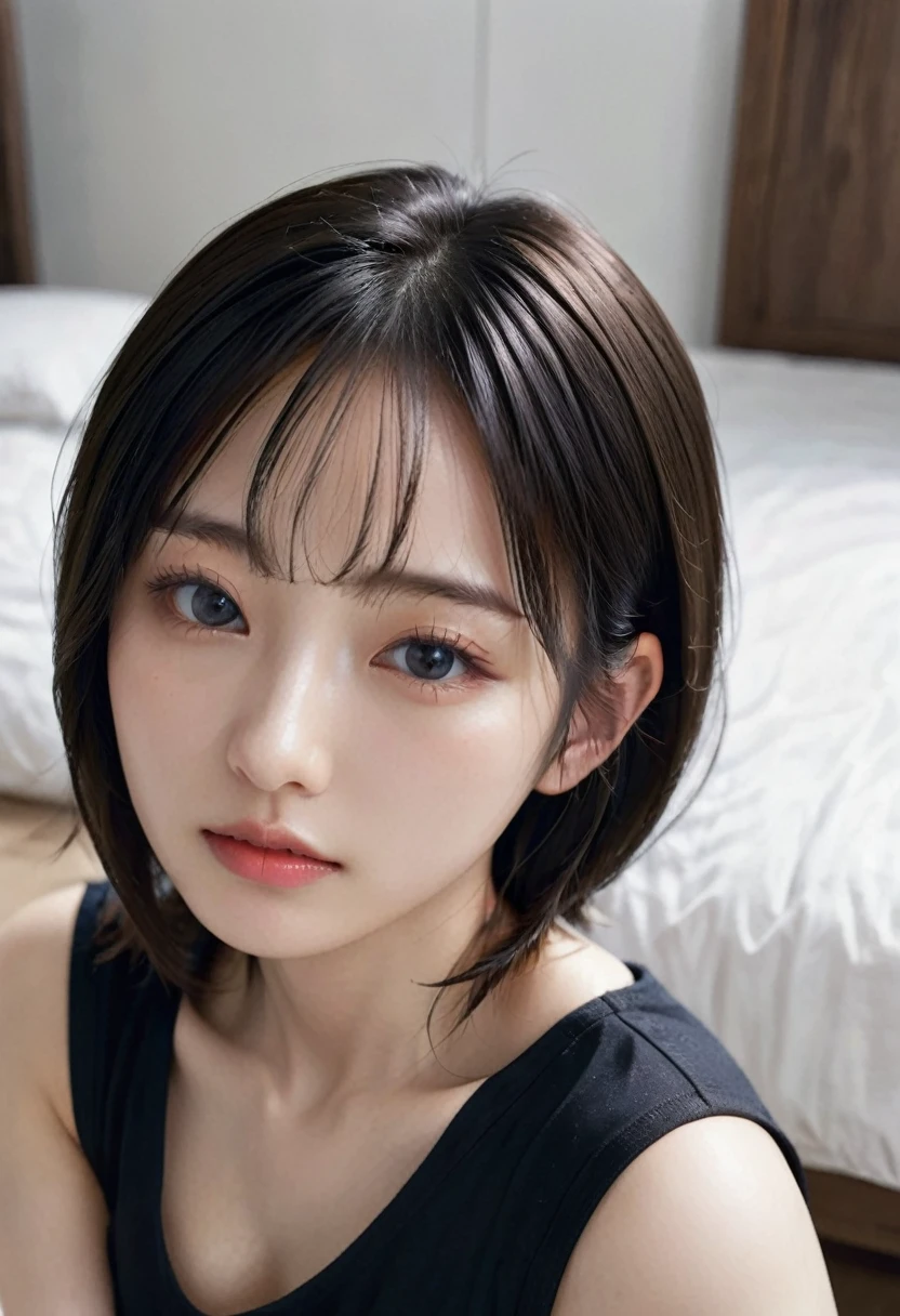 photorealistic, Photography ,BREAK, short hair woman, sitting on the bed , taking a (selfie:1.5), (black T-shirts), in bedroom , white background, (short hair), BREAK, 8k , LAW , best-quality, masterpiece, hyper realistic detail shiny skin , natural shading , realistic shadow, BREAK (hyper realistic detail shiny skin, detailed skin, detailed hair, ultra sharpness, intricate details), perfect anatomy