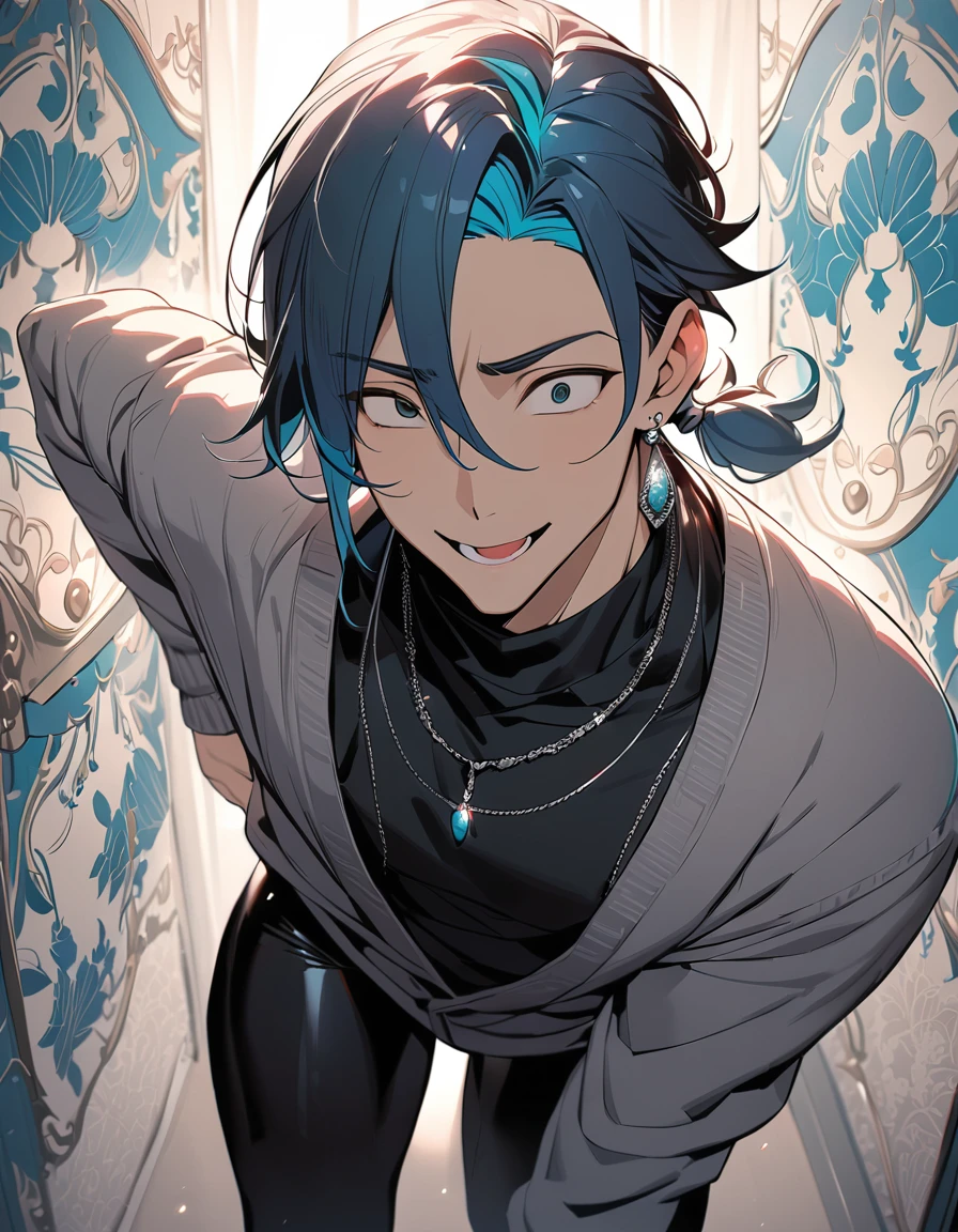 (((((best masterpiece, best quality, wallpaper,)))) solo, Masculinity, cruel man, guy, male body, small muscles, flat chest, 1male, 30 years old, handsome man, dramatic angle, upper body, looking at viewers, beautiful detailed, finger to mouth, ((mediumturquoise hair,)) ((((Lower short ponytail)))), asymmetrical bangs, ((short hair,)) seductive smile, ((((closed eyes, ^o^, tareme, droopy eyes,))) perfect face, sharp nose, seductive smile, clear face, black turtleneck, grey cardigan, ((silver earrings, silver necklace,)) leggings, color ultrasharp, 8K, masterpiece,