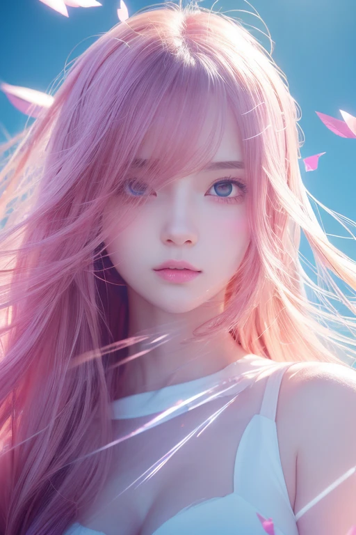 (anime),(cute)(masterpiece), (Highest quality),One girl,Upper Body,(Double exposure:1.2),(Simple Background:1),Bold、clear、PINK、 (Movie angle),(Dynamic Angle),Disheveled long hair,(Low contrast),(Flat Color:0.7)