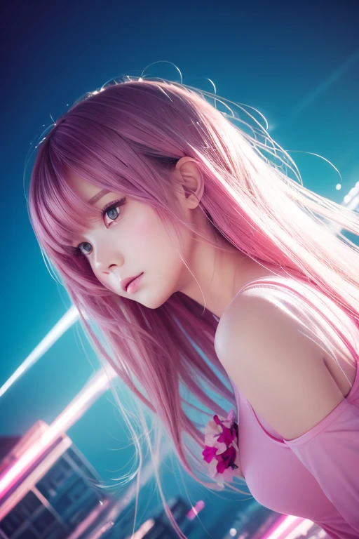 (anime),(cute)(masterpiece), (Highest quality),One girl,Upper Body,(Double exposure:1.2),(Simple Background:1),Bold、clear、PINK、 (Movie angle),(Dynamic Angle),Disheveled long hair,(Low contrast),(Flat Color:0.7)