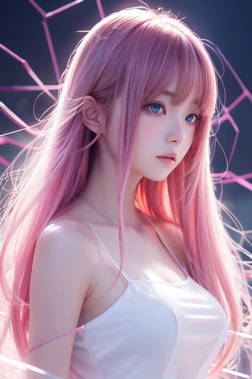 (anime),(cute)(masterpiece), (Highest quality),One girl,Upper Body,(Double exposure:1.2),(Simple Background:1),Bold、clear、PINK、 (Movie angle),(Dynamic Angle),Disheveled long hair,(Low contrast),(Flat Color:0.7)