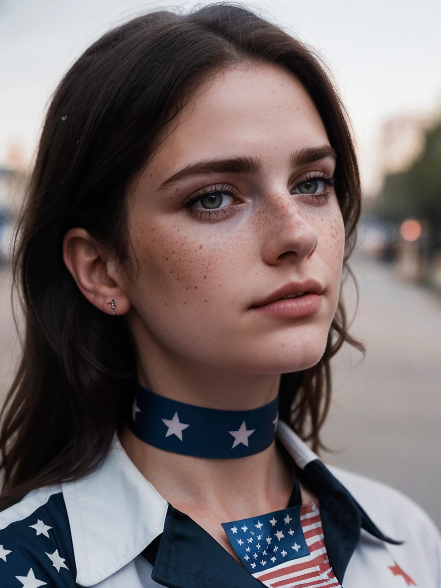 photo, rule of thirds, dramatic lighting, medium hair, detailed face, detailed nose, Woman with American flag painted on her face (Independence Day), freckles, collar or choker, perfect detailed hand tattoo, complex background, realism, realistic, rough Photo background , Analog, Woman, Portrait, Photorealistic, Analog, Realism, Background of a street on Independence Day