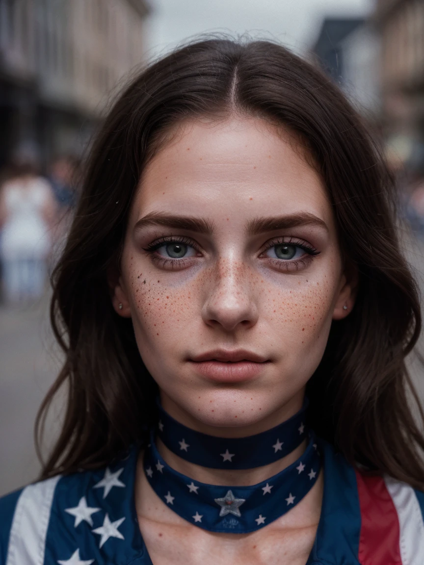 photo, rule of thirds, dramatic lighting, medium hair, detailed face, detailed nose, Woman with American flag painted on her face (Independence Day), freckles, collar or choker, perfect detailed hand tattoo, complex background, realism, realistic, rough Photo background , Analog, Woman, Portrait, Photorealistic, Analog, Realism, Background of a street on Independence Day