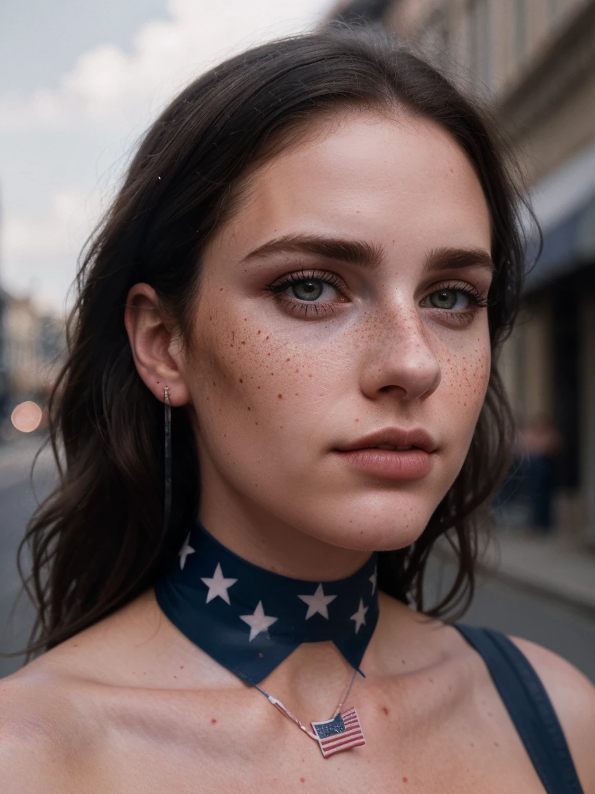 photo, rule of thirds, dramatic lighting, medium hair, detailed face, detailed nose, Woman with American flag painted on her face (Independence Day), freckles, collar or choker, perfect detailed hand tattoo, complex background, realism, realistic, rough Photo background , Analog, Woman, Portrait, Photorealistic, Analog, Realism, Background of a street on Independence Day