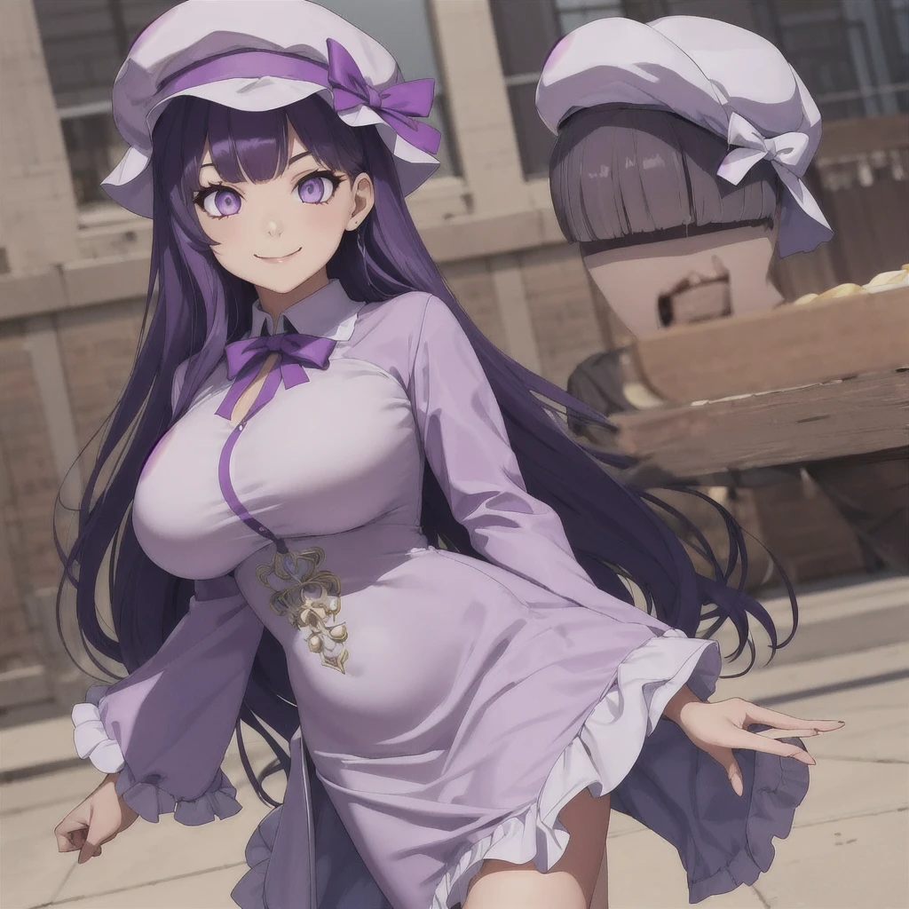 1girl, dress, (purple hair, purple eyes:1), long hair, mob cap, ribbon, dress, smile, massive breasts, chubby, wide hips