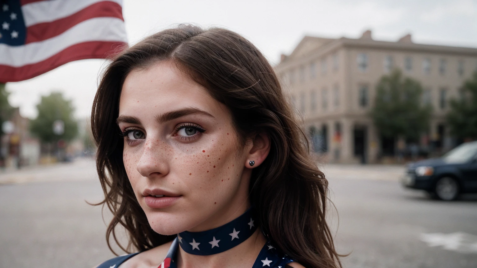 photo, rule of thirds, dramatic lighting, medium hair, detailed face, detailed nose, Woman with American flag painted on her face (Independence Day), freckles, collar or choker, perfect detailed hand tattoo, complex background, realism, realistic, rough Photo background , Analog, Woman, Portrait, Photorealistic, Analog, Realism, Background of a street on Independence Day
