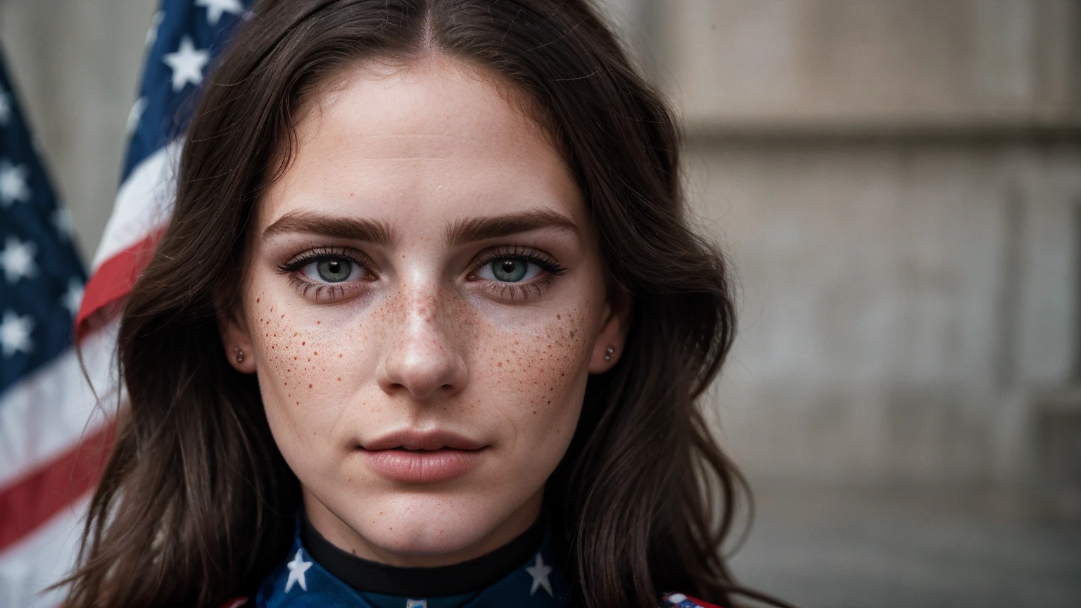 photo, rule of thirds, dramatic lighting, medium hair, detailed face, detailed nose, Woman with American flag painted on her face (Independence Day), freckles, collar or choker, perfect detailed hand tattoo, complex background, realism, realistic, rough Photo background , Analog, Woman, Portrait, Photorealistic, Analog, Realism, Background of a street on Independence Day
