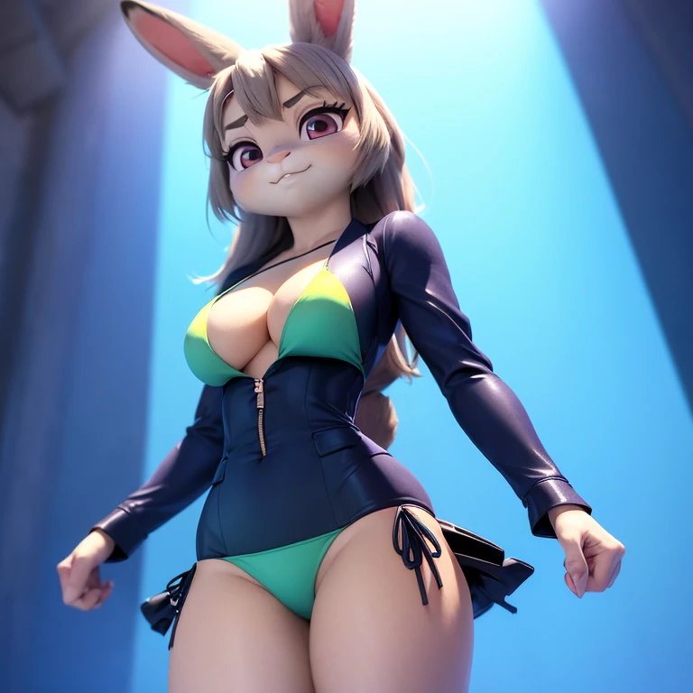 best quality, masterpiece, 3D anime, ((solo)), ((1girl)),  Face is JudyHopps, Body is human lady, {(two-piece suit:1.2), (bikini outfit:1.5)}, clothes color is {blue, red, yellow, green, white, black}, fluffy and fluffy
