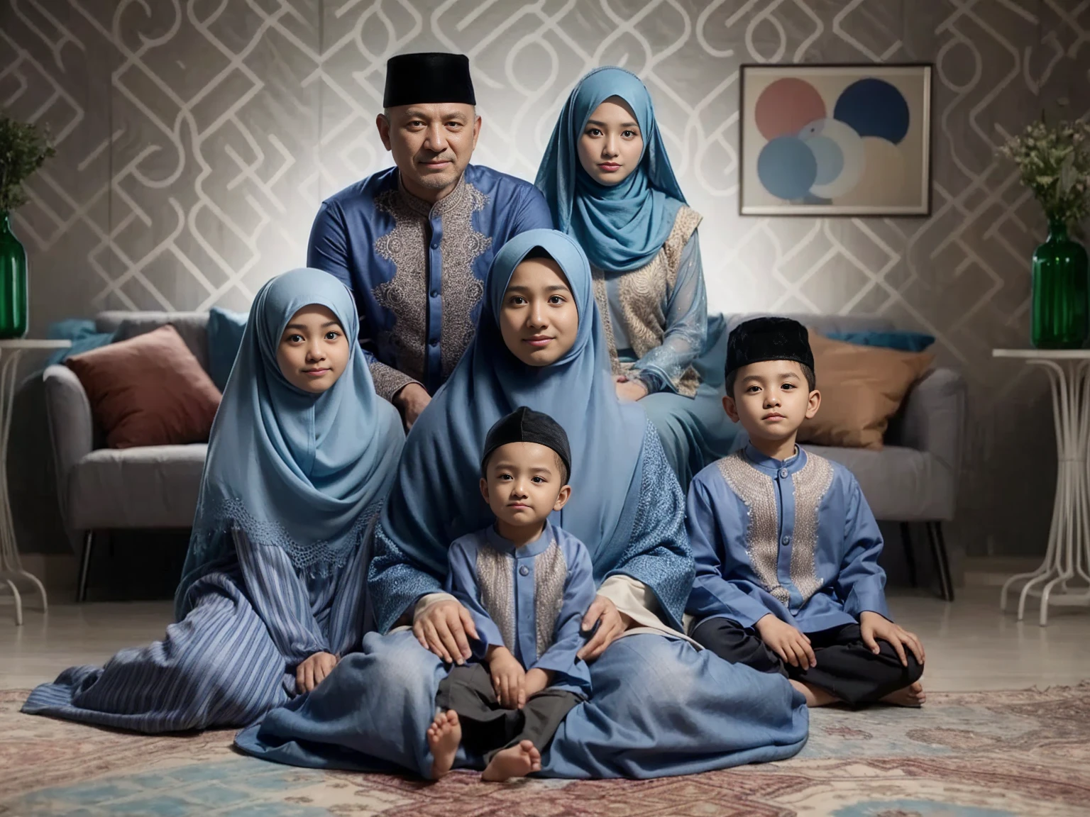 Studio Photography, close up, 5 peoples, asian couple aged 38 sits on a recliner chair, a man wearing cap and woman wearing long compliant pashmina hijab holding one aged 4  boy, sits in front of them underneath carpets there's a girl aged 16 and g hijab, and a little boy aged  wearing exclusive blue sky muslim clothes and blue sky gamis Islamic sharia dress with long compliant sharia hijab, set in a studio with modern abstract patterned walls, warm hug pose, green flower vases, side tables, fresh color, 8k, photography, UHD.