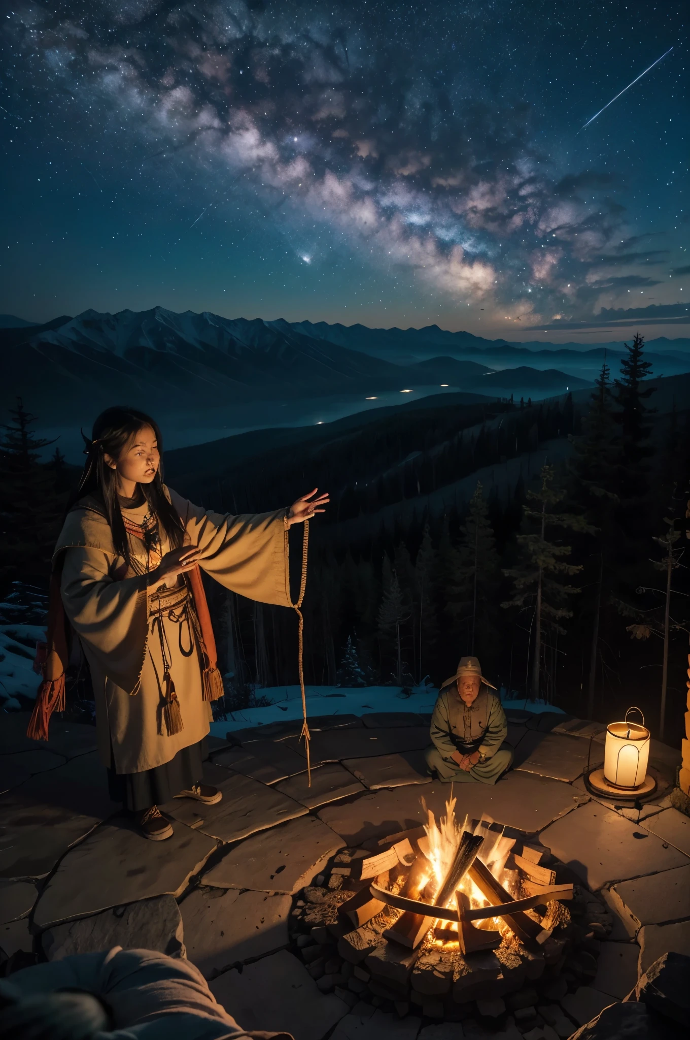 Bonfire on top of the mountain, angle from above, chiefs and shamans around, spirit of mother Gaia in the sky, eagles, shooting star waterfalls