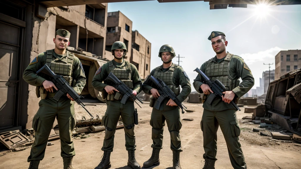4men, short black hair, green eyes, wearing american soldier uniform, guns, wartorn city, daylight, absurdres, high res, ultrasharp, 8K, masterpiece, looking at viewer