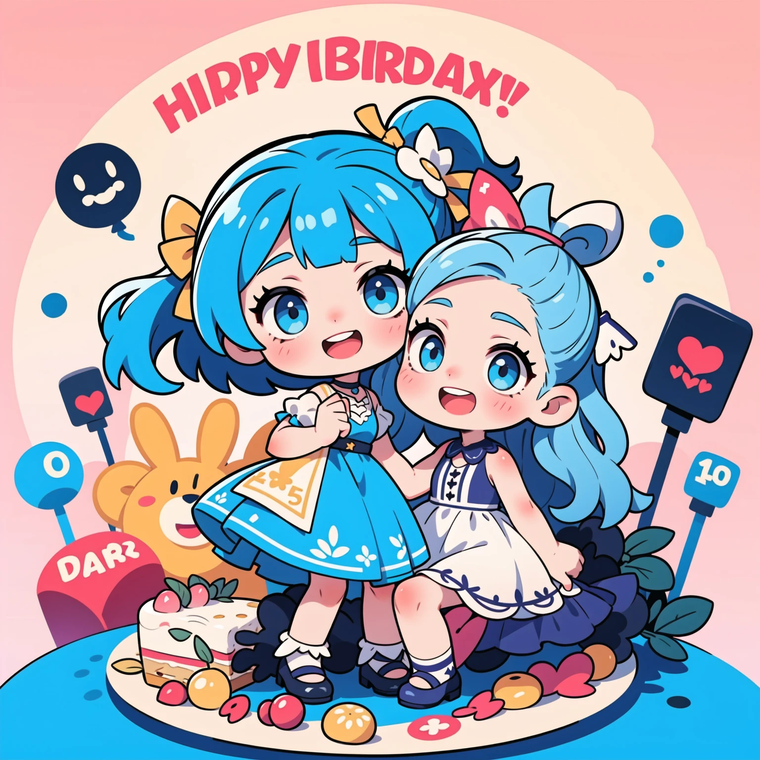 First place girl, best quality, masterpiece, Ultra-high resolution, 8K, (skirt,Small leather shoes) , soft line art, Digital enhancement, Girl comic style, Girls comics core,,  soft drawing, ((Beautiful long blue hair,Clear eyes)), (Bangs)), ((dress)),(cute),(Laughing happily)(Birthday cake in hand),(Ribbon background),Ultra-detailed digital animation art, The face is clearly depicted,  Clear facial features, Comic style, Top quality colors, You can see the angle of the feet, Pretty and beautiful: 1.5, high quality:1.3