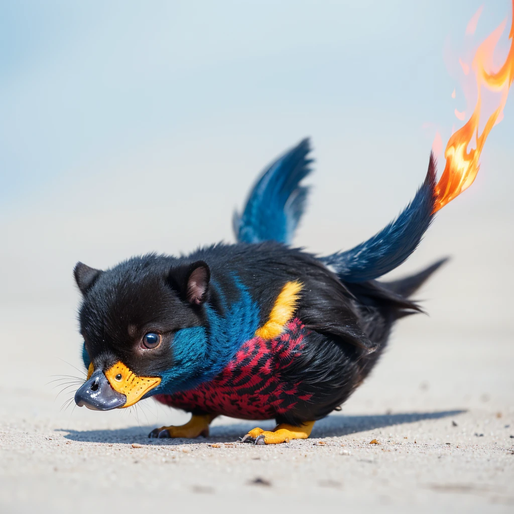 Small Animaly, generate duck mixed with lava, has blue stripes on his skin, white eyes, Grassroots, no background