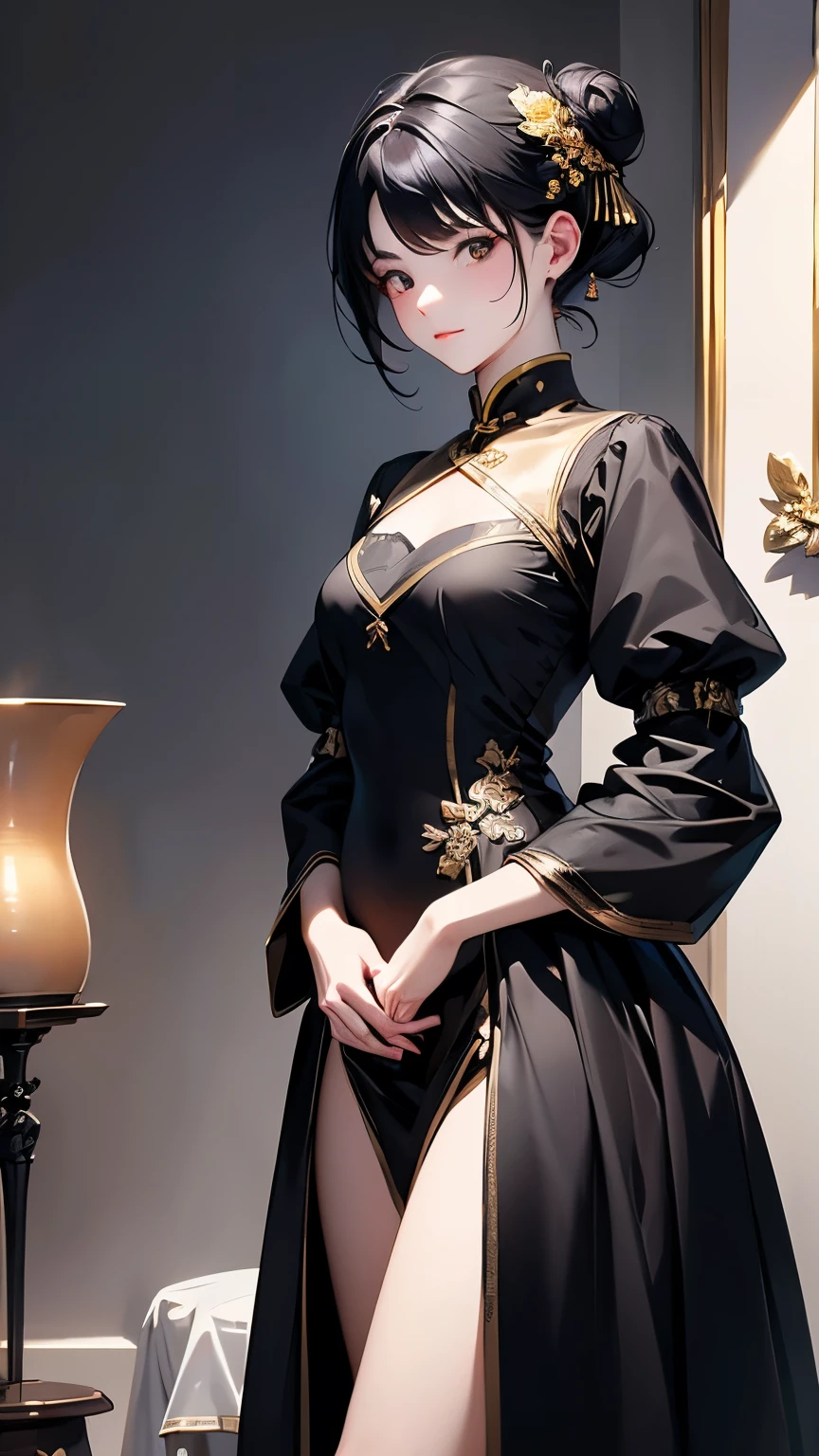 (Highest quality, masterpiece, High resolution)、Oil, Classical painting, Are standing, Portraiture,、(One girl)、(whole body:1.4)、 (Detailed depiction of a cute face)、Black Hair、short hair、semi-long、Bobcut、Hair Bun、hair ornaments、(Cat ear)、(China dress:1.4)、(セクシーなミニChina dress)、Captivating smile、Small breasts、Cinematic Light、Soft Light、(indoor、dim、lamp)、(Simple Background)、((Blank Background))、(Sargent Oil painting)、Inspired by Edmund Leighton,