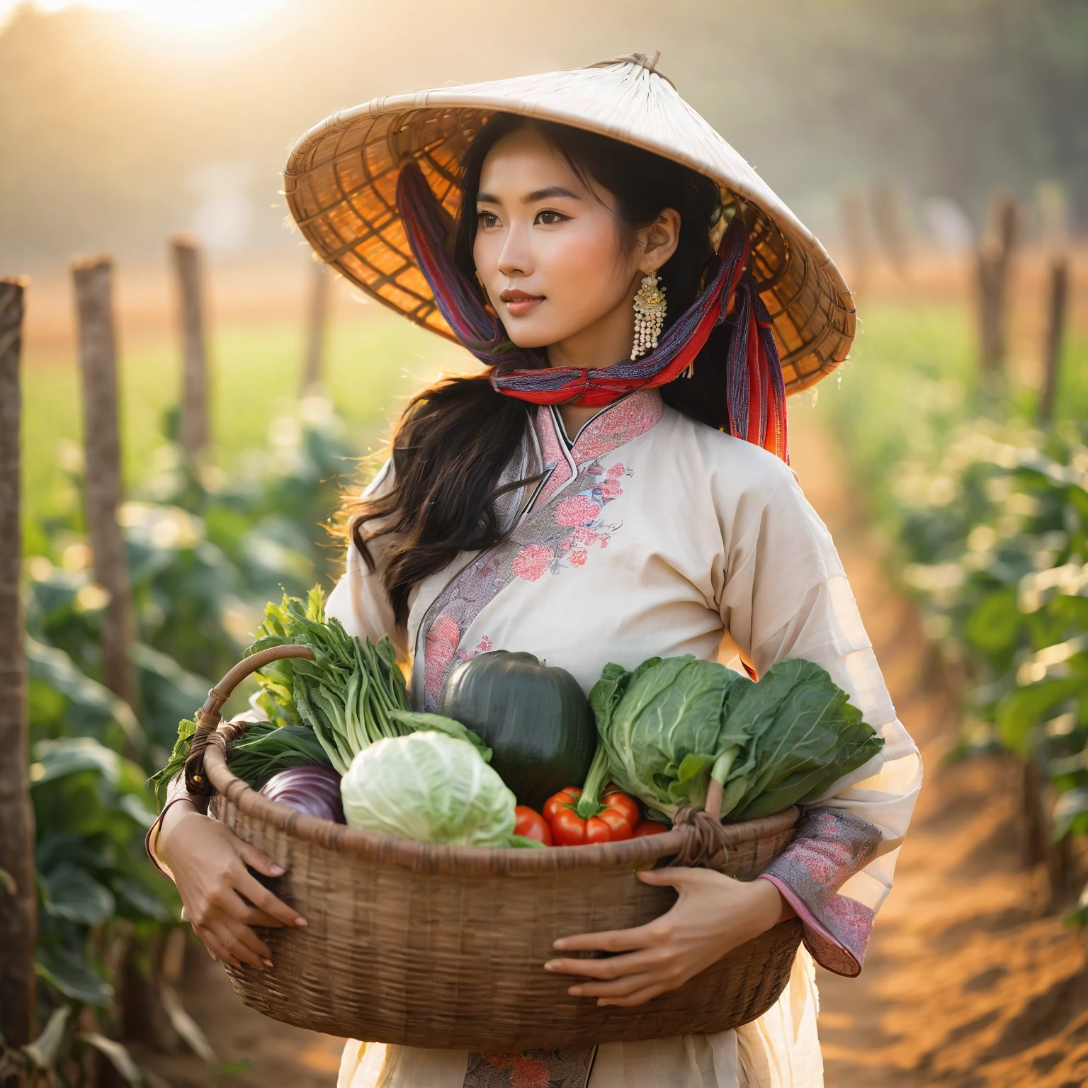 arafed woman carrying a basket of vegetables in a field, japanesse farmer, vietnamese woman, traditional beauty, traditional, asian woman, in style of lam manh, an asian woman, asian girl, in style of thawan duchanee, traditional clothes, wearing farm clothes, a young asian woman, sukhothai costume, chinese woman, gorgeous lady, Bokeh background, Taken using Sony Alpha α7CR full-frame, Fullcolor, profile picture 1536px, photorealistic, high quality