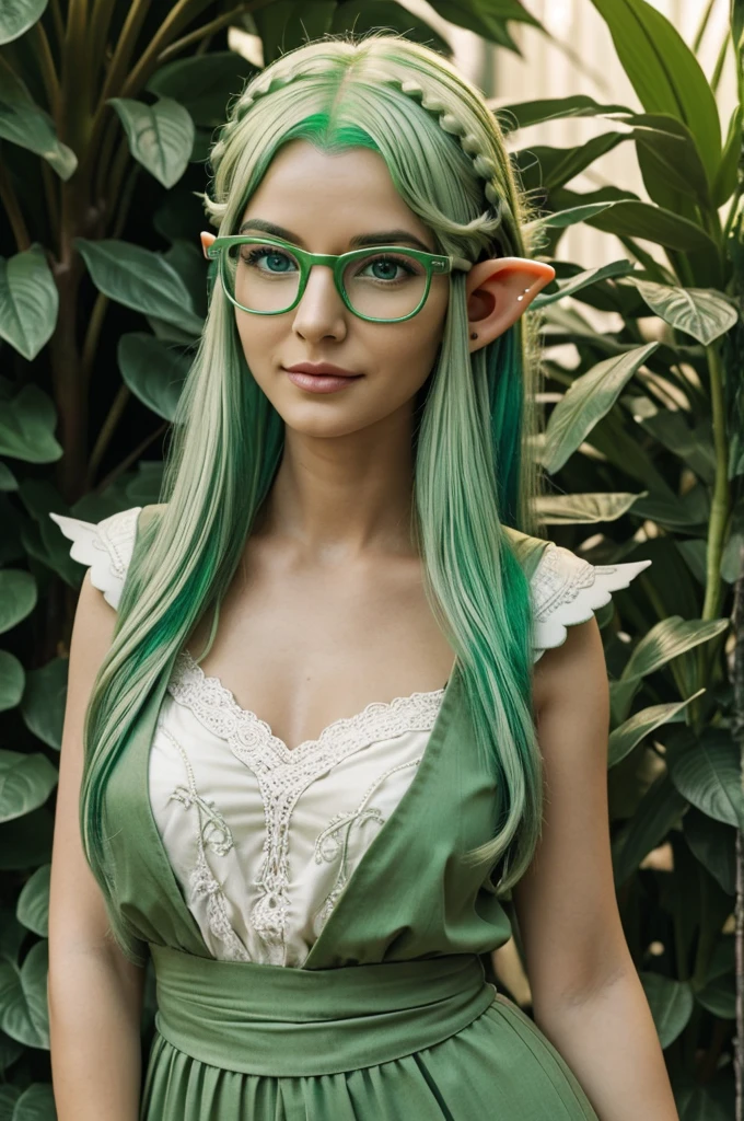 ((elf, Women, light green hair, glasses, plants in the background))