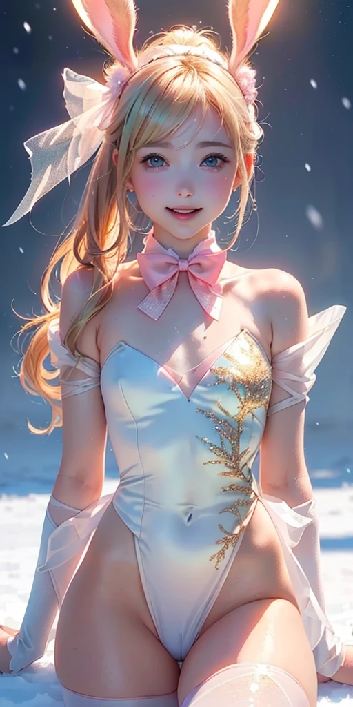 masterpiece, best quality, extremely detailed CG unity 8k wallpaper,((Upper Body)) ,((Upper Body head close-up shot of a beautiful )), , Elegant Long straight blonde hair, (Mckenna Grace), ((flat chest,thighs,Autoluminescence skin)), (pink-green) golden (Glittering tutu,long Bunny Ear Headgear, , Bow-tie, No panties, genitals visible), ((spread legs)),(), (Blush), , (seductive smile), (A world of ice and snow), pretty face, key art, award winning, intricate detail realism hdr, by (ruan jia and artgerm and range murata), Photorealism, Hyperrealism, ultra realistic, dramatic light, intense shadows, gorgeous view, depth of field