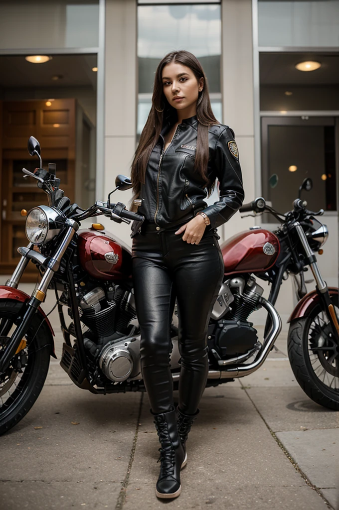 1girl in, 30 years old, Square face, Long hair, Looking at the viewer, jewelry, Realistic, Sexy, police outfit, standing next to a motorbike - holding a gun - sitting on a motorbike, free pose\